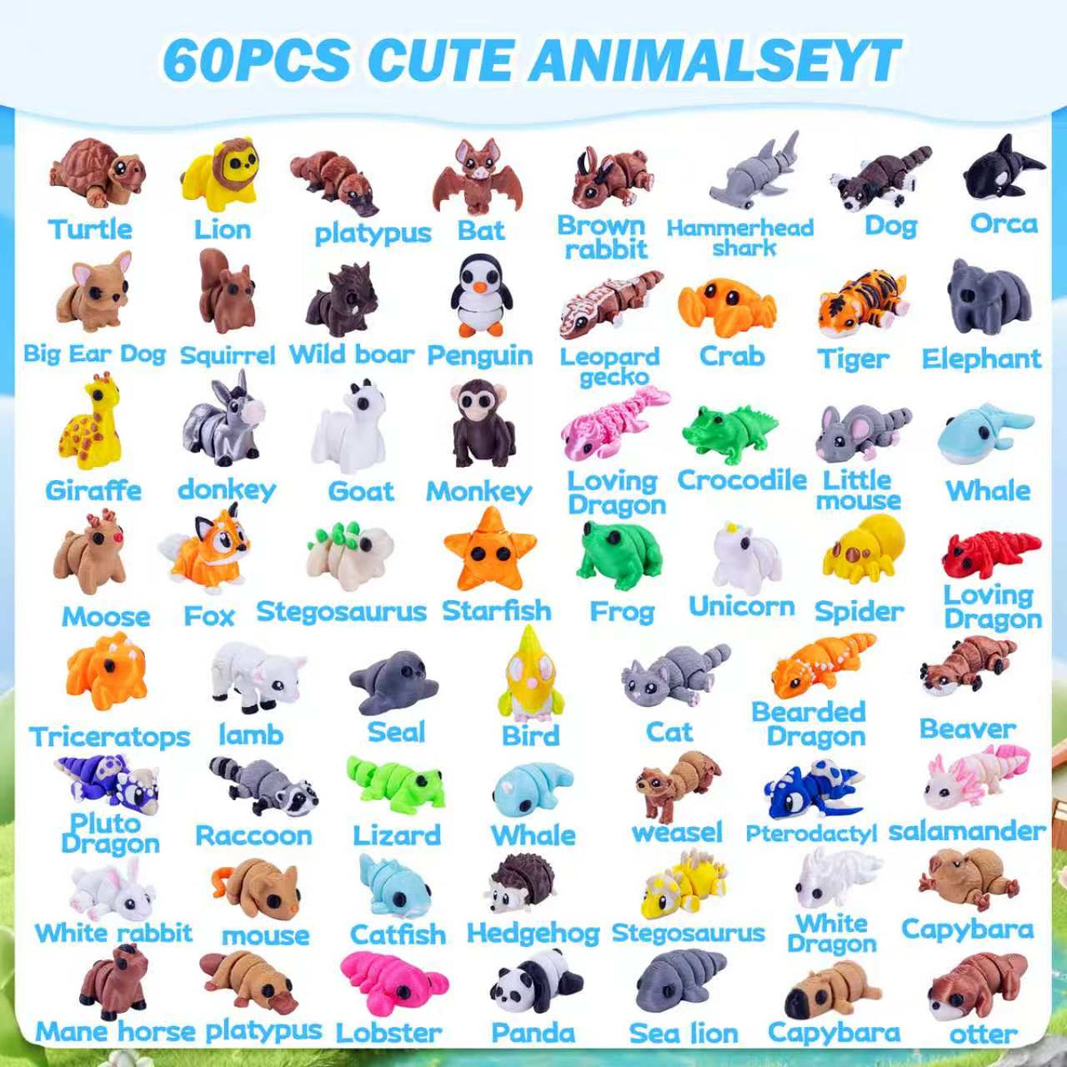 60 Pcs Mini 3D Printed Animals Figurines Set，3D Printed Animals for Office Desk Decor, Party Favors Gift Flexible Articulated Fidget Brand: Cuteseven