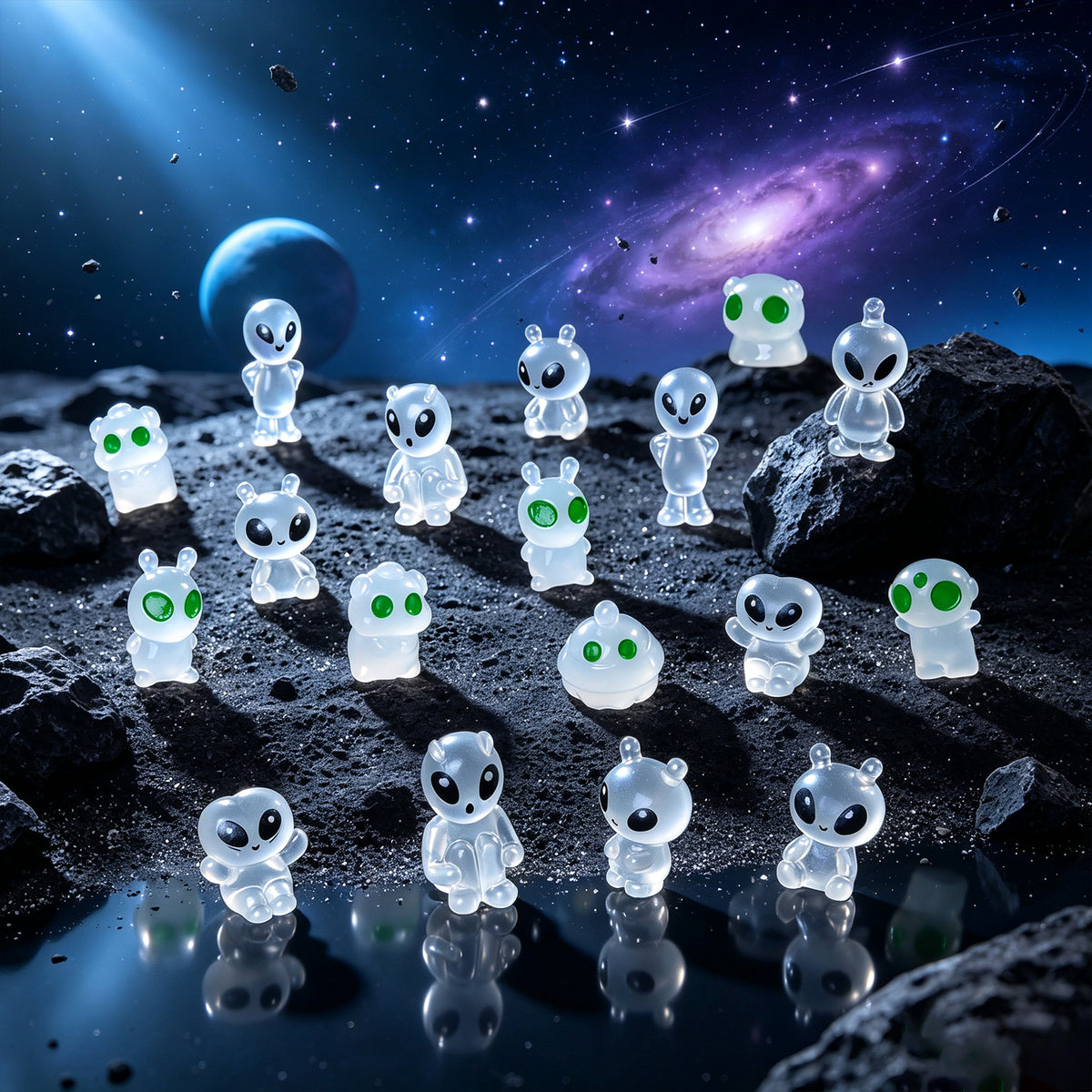 60 Pcs Green Alien Glow in The Dark Cute Mini Figures Space Party Favors Funny UFO Sci-fi Space Party Favors Boxes Treasure Miniature Garden Landscape Decor Desk Collectible