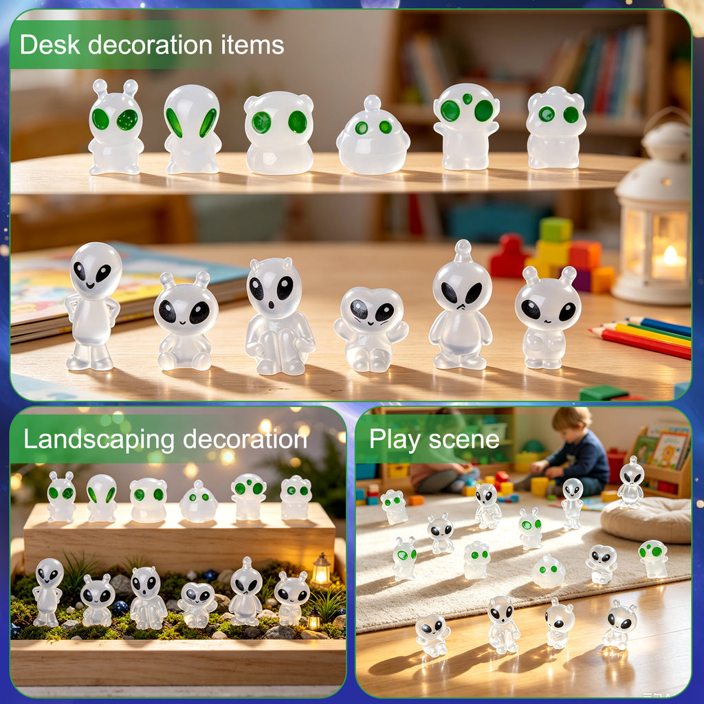 60 Pcs Green Alien Glow in The Dark Cute Mini Figures Space Party Favors Funny UFO Sci-fi Space Party Favors Boxes Treasure Miniature Garden Landscape Decor Desk Collectible