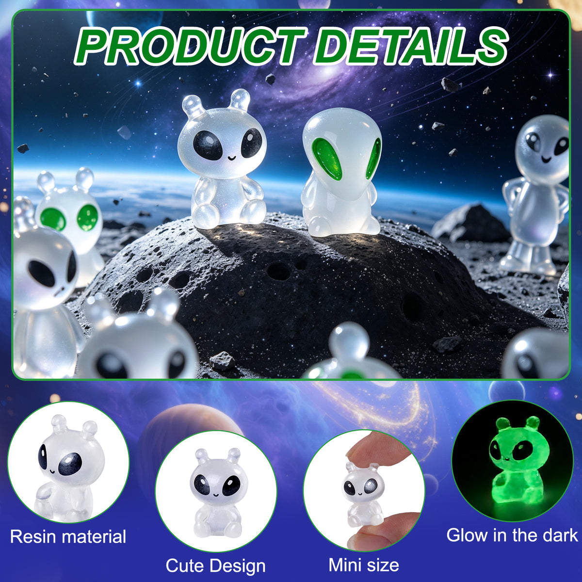 60 Pcs Green Alien Glow in The Dark Cute Mini Figures Space Party Favors Funny UFO Sci-fi Space Party Favors Boxes Treasure Miniature Garden Landscape Decor Desk Collectible
