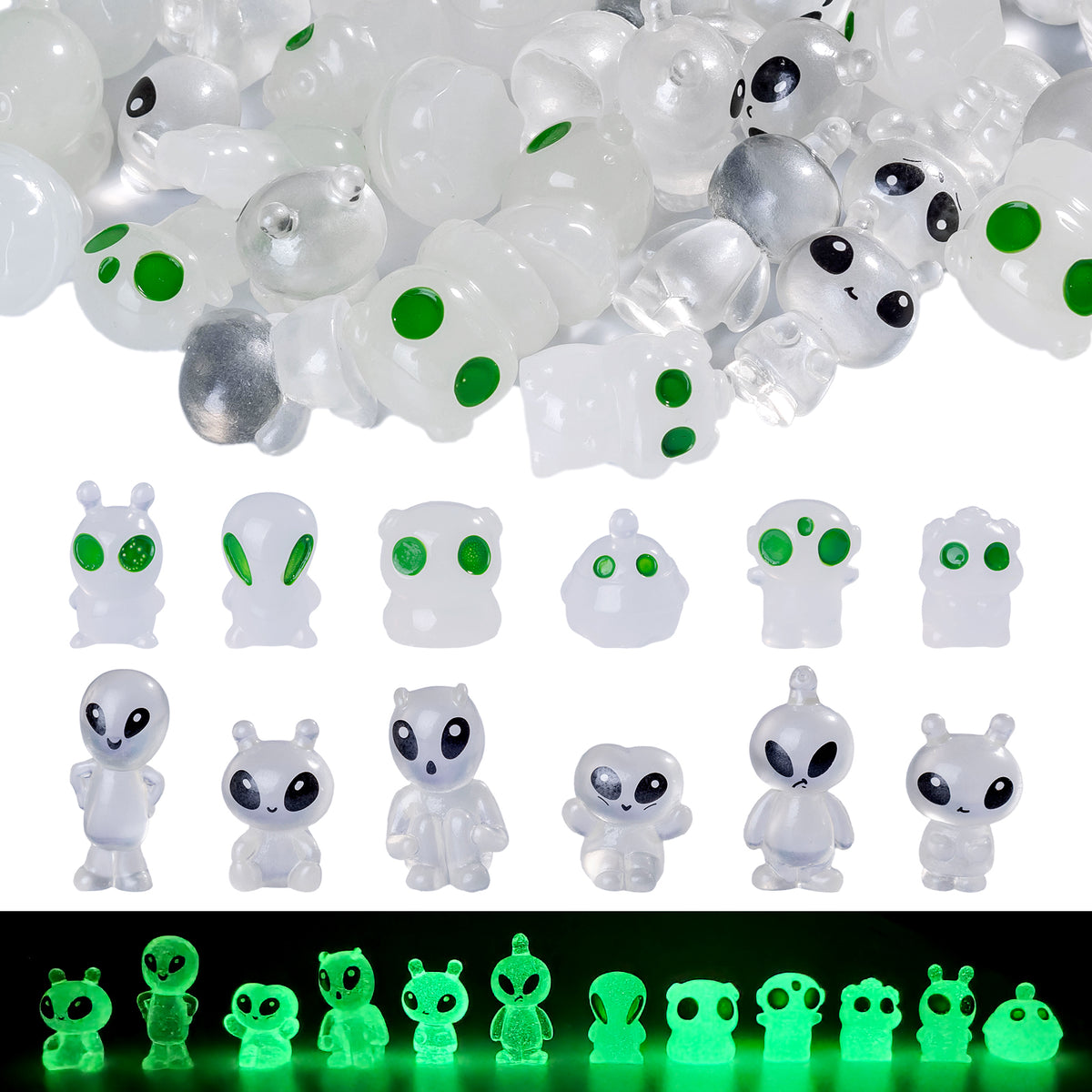 60 Pcs Green Alien Glow in The Dark Cute Mini Figures Space Party Favors Funny UFO Sci-fi Space Party Favors Boxes Treasure Miniature Garden Landscape Decor Desk Collectible