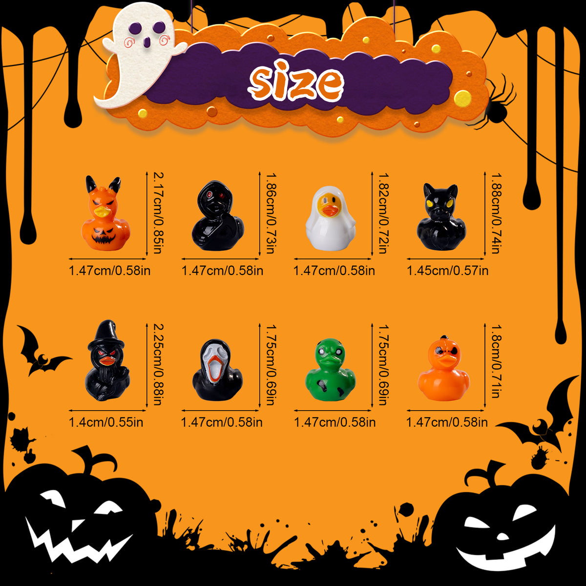100Pcs Halloween 25 Styles Mini Ducks Miniature Halloween Resin Figurines Decor Novelty Small Tiny Resin Ducks Bulk Halloween Party Favors DIY Gift Dollhouse Decorations
