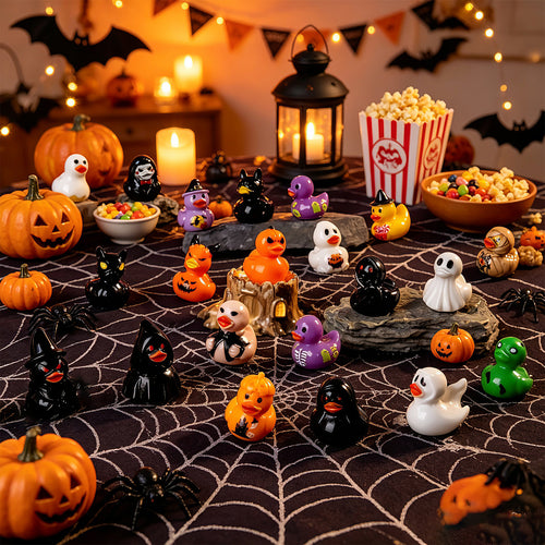 100Pcs Halloween 25 Styles Mini Ducks Miniature Halloween Resin Figurines Decor Novelty Small Tiny Resin Ducks Bulk Halloween Party Favors DIY Gift Dollhouse Decorations