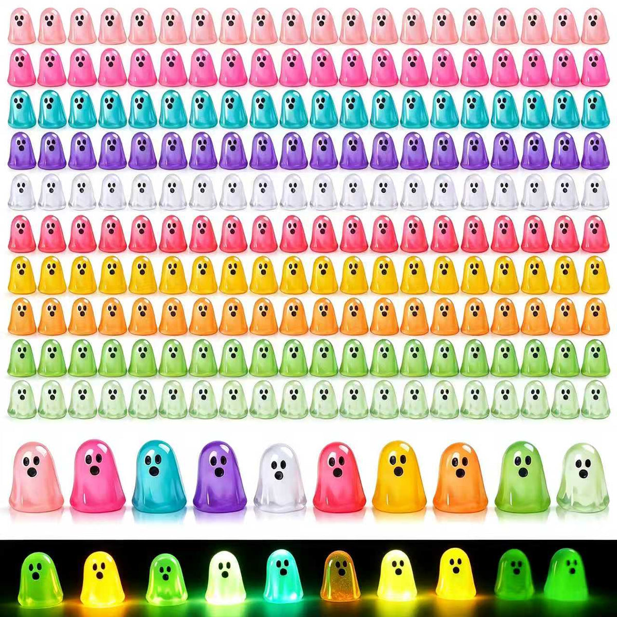 200pcs Halloween Luminous Mini Ghosts Figures 10 Colours Glow in The Dark Small Little Resin Ghost Figurines to Hide Glow in The Dark Tiny Statue for Halloween Party Favors Dollhouse Decorations Toys