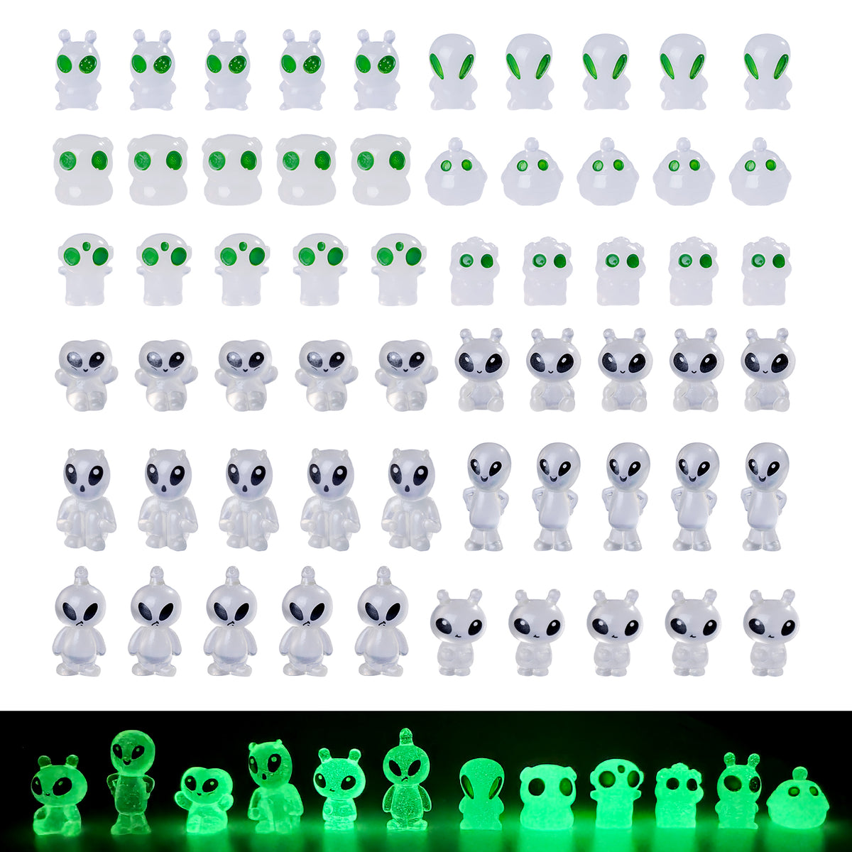 60 Pcs Green Alien Glow in The Dark Cute Mini Figures Space Party Favors Funny UFO Sci-fi Space Party Favors Boxes Treasure Miniature Garden Landscape Decor Desk Collectible