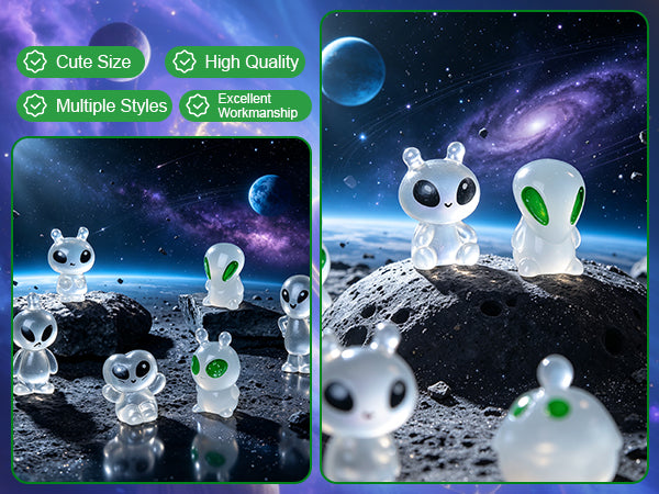60 Pcs Green Alien Glow in The Dark Cute Mini Figures Space Party Favors Funny UFO Sci-fi Space Party Favors Boxes Treasure Miniature Garden Landscape Decor Desk Collectible