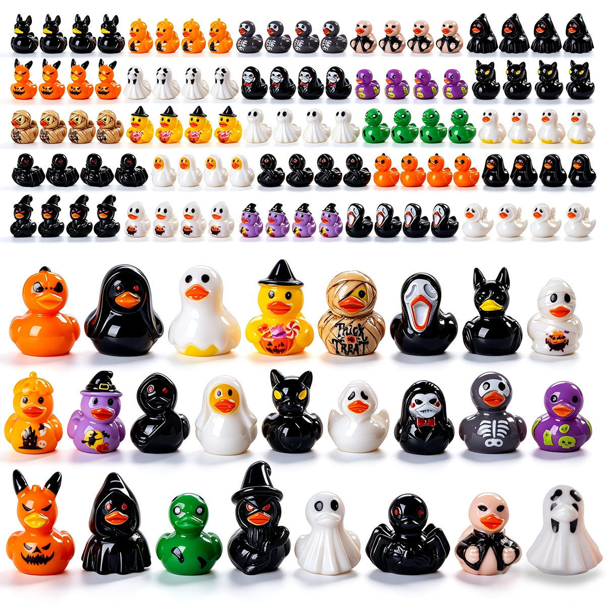 100Pcs Halloween 25 Styles Mini Ducks Miniature Halloween Resin Figurines Decor Novelty Small Tiny Resin Ducks Bulk Halloween Party Favors DIY Gift Dollhouse Decorations