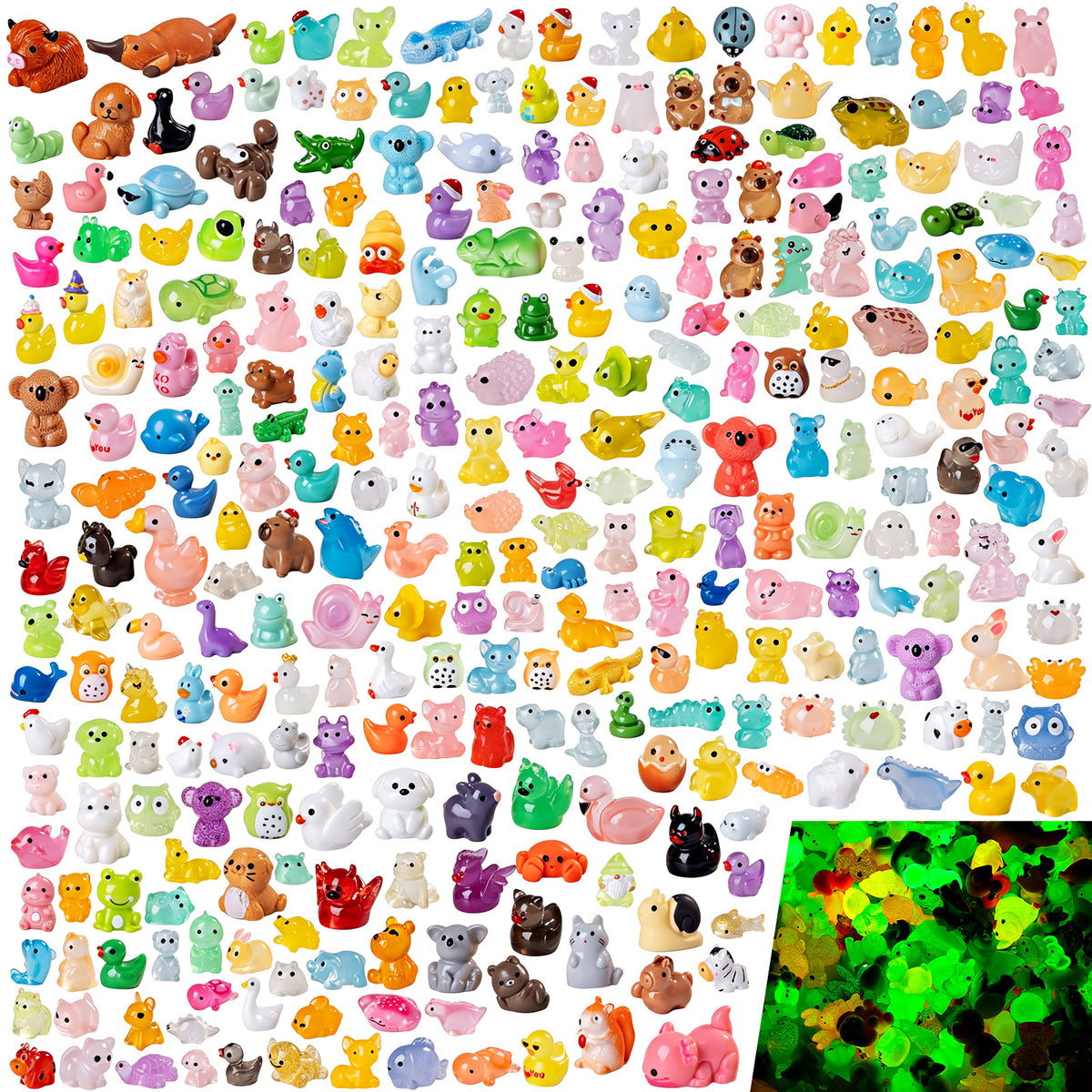 300Pcs Mini Resin Animals Bulk 300 Styles Variety Tiny Animals Figure to Hide Luminous Glow in The Dark for Miniature Fairy Garden Decoration Hide Crafts Decor