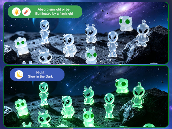 60 Pcs Green Alien Glow in The Dark Cute Mini Figures Space Party Favors Funny UFO Sci-fi Space Party Favors Boxes Treasure Miniature Garden Landscape Decor Desk Collectible