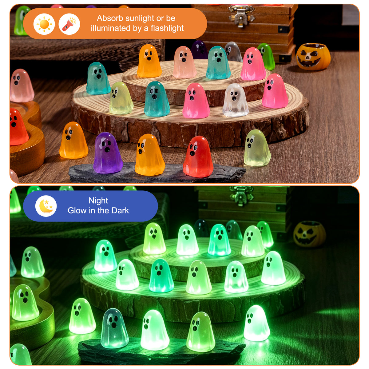 200pcs Halloween Luminous Mini Ghosts Figures 10 Colours Glow in The Dark Small Little Resin Ghost Figurines to Hide Glow in The Dark Tiny Statue for Halloween Party Favors Dollhouse Decorations Toys
