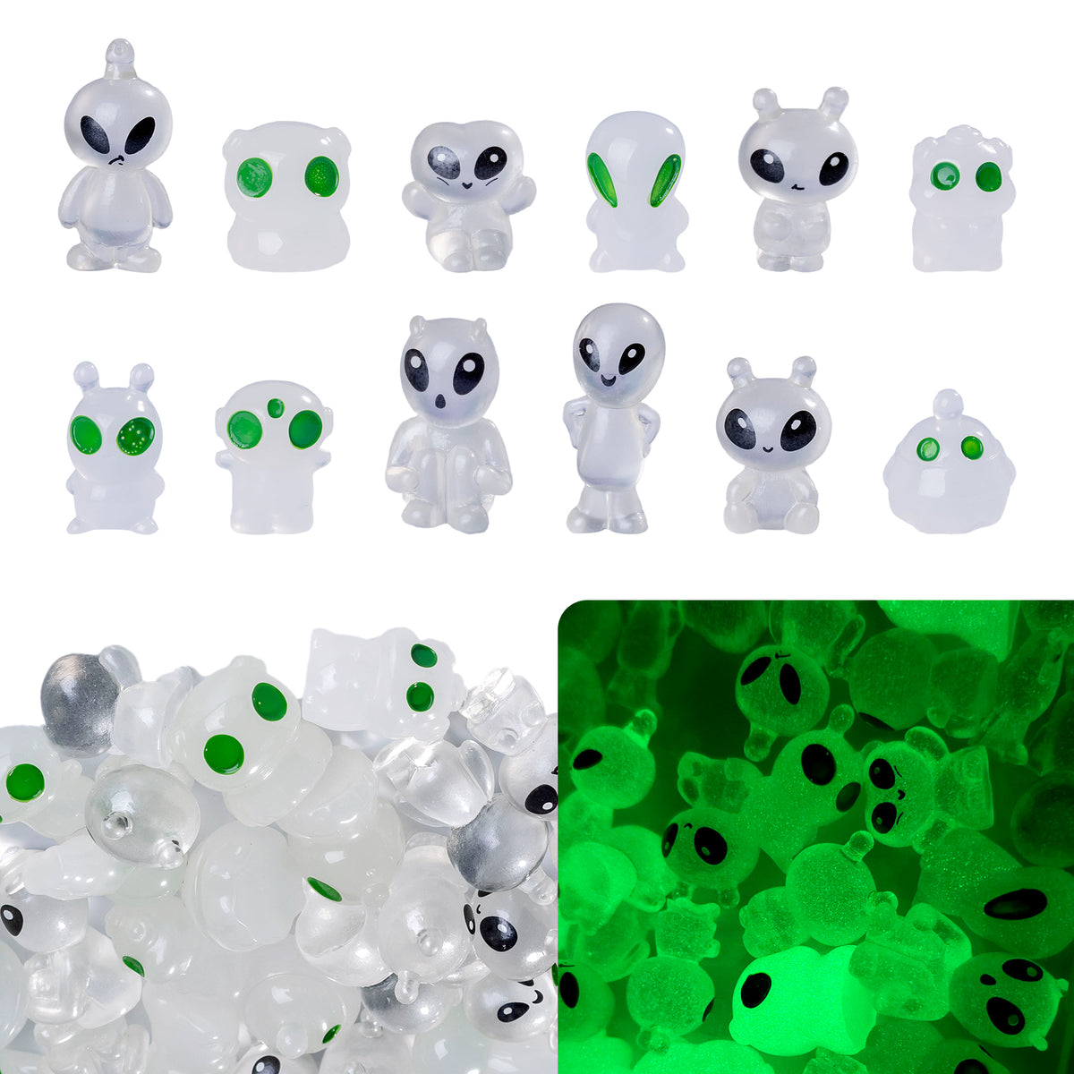 60 Pcs Green Alien Glow in The Dark Cute Mini Figures Space Party Favors Funny UFO Sci-fi Space Party Favors Boxes Treasure Miniature Garden Landscape Decor Desk Collectible