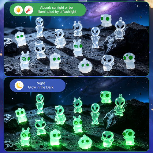 60 Pcs Green Alien Glow in The Dark Cute Mini Figures Space Party Favors Funny UFO Sci-fi Space Party Favors Boxes Treasure Miniature Garden Landscape Decor Desk Collectible